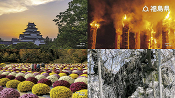 【鶴ヶ城（会津若松市）、松明あかし（須賀川市）、菊の里ときわ（田村市）、三春滝桜（三春町）】